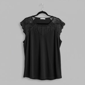 MIHOLL XXL Black Lace Yoke Cap Sleeve Blouse | Sheer Lace Shoulder Top